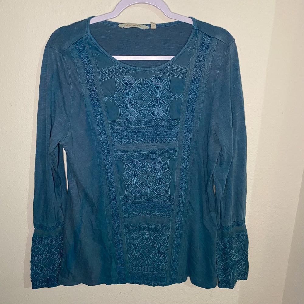 Soft Surroundings Teal Embroidered Long-Sleeve Top